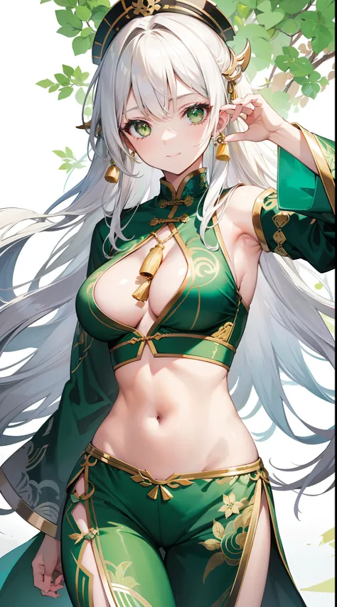 Adult woman, Long white hair, Green eyes, Green Chinese tight top, Chinese beautiful patterns, neckline on the chest, open breasts, baggy pants, Gold Elements, ssmile, Masterpiece, hiquality