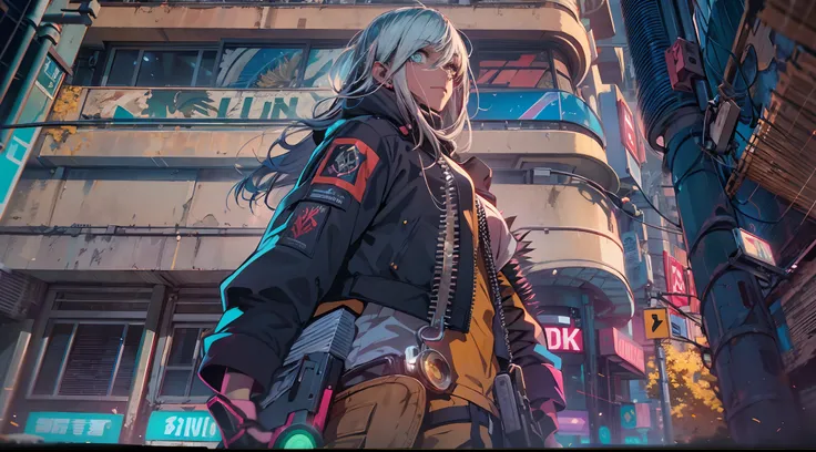 Noite, Fundo colorido da cidade cyberpunk, menina de rua,power,chainsaw man, olhos brilhantes, retroiluminado, brilhar, Surveying the audience, Low angle lens, olhando para cima lente, perfect composition, delicadeza perfeita de luz e sombra, 8k