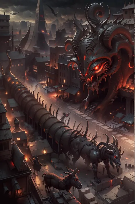 Alien armies invade cities，Goat-faced demon ，Wear military uniforms，Pick up the axe，red - eyed，unholy，Fierce，rampage ，Powerful，Stand at the highest part of the city，Observe the city，Below is the army of demons，Epic war fantasy digital art，Epic Technology, ...