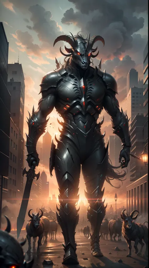 Alien armies invade cities，Goat-faced demon ，Wear military uniforms，Pick up the axe，red - eyed，unholy，Fierce，rampage ，Powerful，Stand at the highest part of the city，Observe the city，Below is the army of demons，Epic war fantasy digital art，Epic Technology, ...