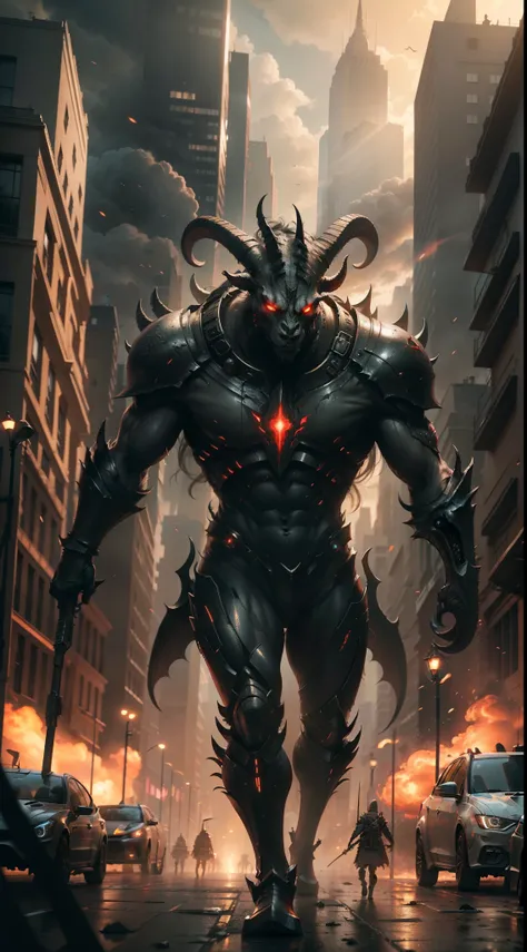 Alien armies invade cities，Goat-faced demon ，Wear military uniforms，Pick up the axe，red - eyed，unholy，Fierce，rampage ，Powerful，Stand at the highest part of the city，Observe the city，Below is the army of demons，Epic war fantasy digital art，Epic Technology, ...