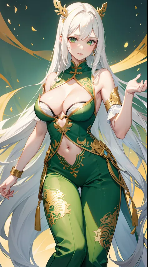 Adult woman, Long white hair, Green eyes, Green Chinese tight top, Chinese beautiful patterns, neckline on the chest, open breasts, baggy pants, Gold Elements, ssmile, Masterpiece, hiquality