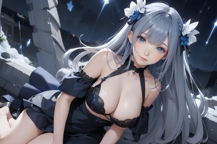 Gray-blue silky long hair, Dark blue crystalline eyes, A slight smile,blue half-shoulder maxi dress, Hairpins, Holding a flower on the other side,black stocking,  ((solo)) ,dress is open breast,(grabbing breast:1.1), heavy rain, thunder, lens flare,heavy s...