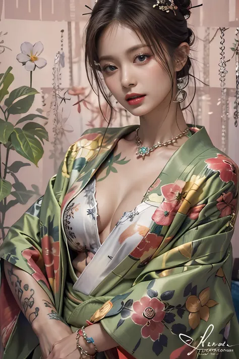 Photorealistic, High resolution, 1womanl, Solo, hips up high, look at viewr, (Detailed face), Kimono, The tattoo, Jewelry