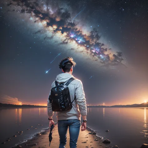 ((Best Quality, 8K, Masterpiece: 1.3)), landscape, nightshoot, star trail, slow speed, standing young man with black hair, black jeans, look at the stars