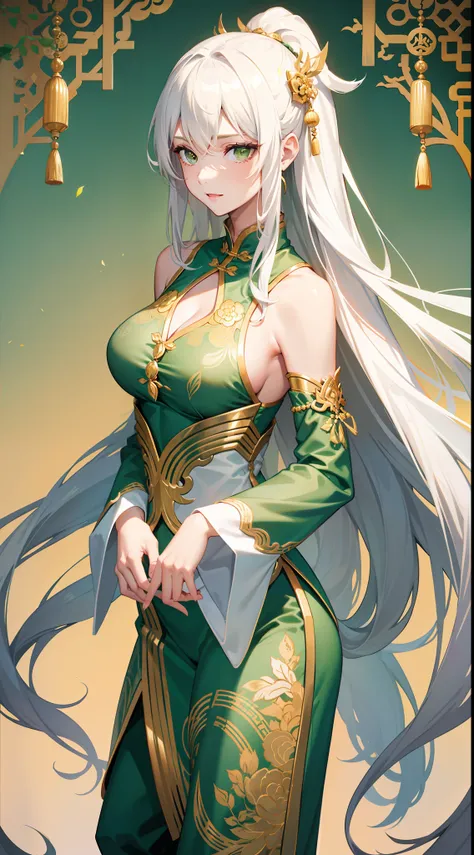 Adult woman, Long white hair, Green eyes, Green Chinese tight top, Chinese beautiful patterns, neckline on the chest, open breasts, baggy pants, Gold Elements, ssmile, Masterpiece, hiquality