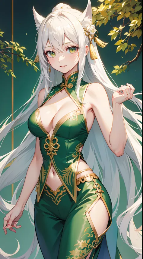 Adult woman, Long white hair, Green eyes, Green Chinese tight top, Chinese beautiful patterns, neckline on the chest, open breasts, baggy pants, Gold Elements, ssmile, Masterpiece, hiquality