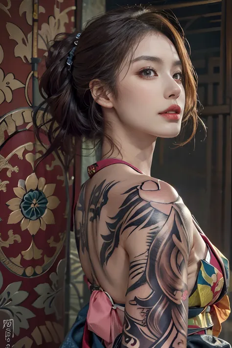 photorealistic, high resolution, 1womanl, solo, hips up high, look at viewr, (detailed face), kimono, the tattoo, jewelry