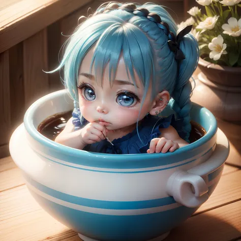 Cute Baby Chibi Anime,Blue hair in a braided ponytail,Blue dress,Japanese style hair ornament of flowers,piercings,Sit in a coffee cup