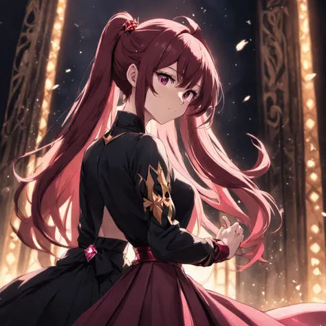 Her long burgundy hair is adorned with dark blond hair ornaments，Black and red long dress，A cut that narrows the waist and a voluminous skirt。On his chest is a pink diamond-shaped gemstone