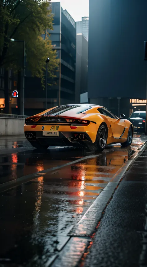 A realistic illustration of a BFerrari Daytona SP3 in Berlin, Germany. Noon time and Rainy weather. Ultra detailed, 8K, HDR, Octane Render, Redshift, Unreal Engine 5. Professionally color graded, atmosphere, amazing depth, rich colors, powerful imagery, ps...