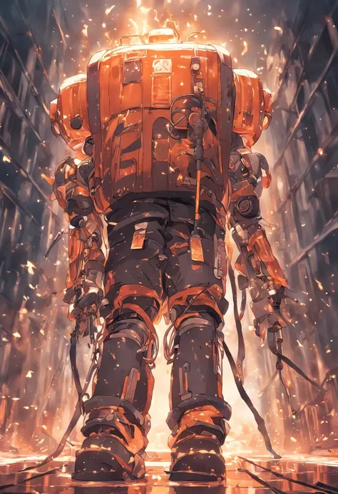 A robot made of copper tubes wearing a backpack of gas cylinders with a welding torch in hand