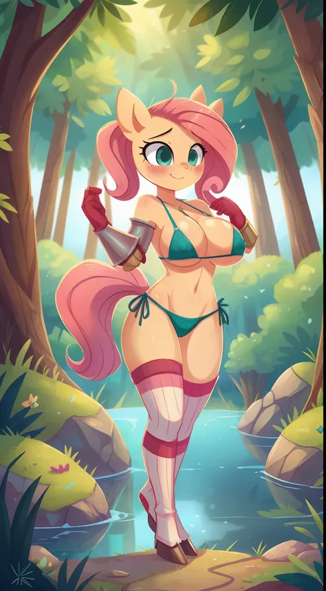 Fluttershy, anthro, cute, blushing, wide hips, large breast, hooves as feet, bikini armor, forest, bikini, lake, knee high socks, gloves, armor, teal eyes