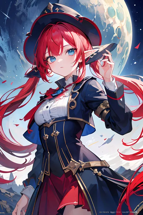 1girll,  looking at viewert ,Red hair ,Blue eyes, Beautiful detailed eyes, long twintail,Wizards Hat,wearing rags,Singing magic, Arcane, Magic perimeter,knowledge,abyss eyes,Deep blue sky, death,Medium breast,((Masterpiece)), (((Best quality))),((Beautiful...