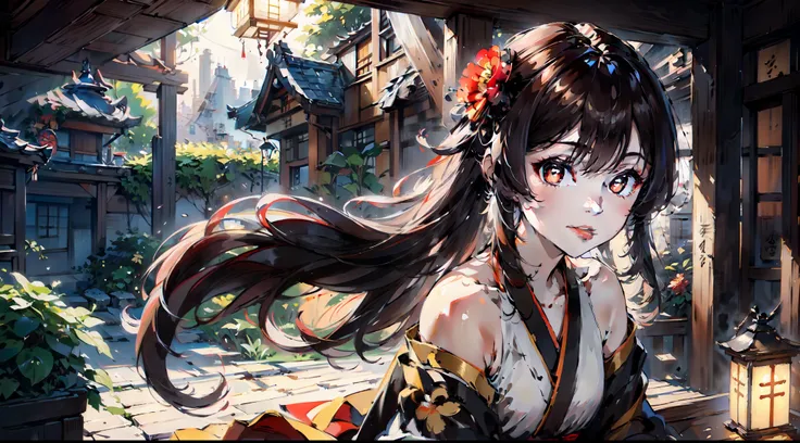 masterpiece, best quality, extremely detailed, absurdres, expressive clothes, fine fabric emphasis, ray tracing, fantasy style, 1girl , upper body , portrait , tilted head , hanfu , obi , kimono , (split-color hair:1.4) , off shoulder,, Japanese architectu...