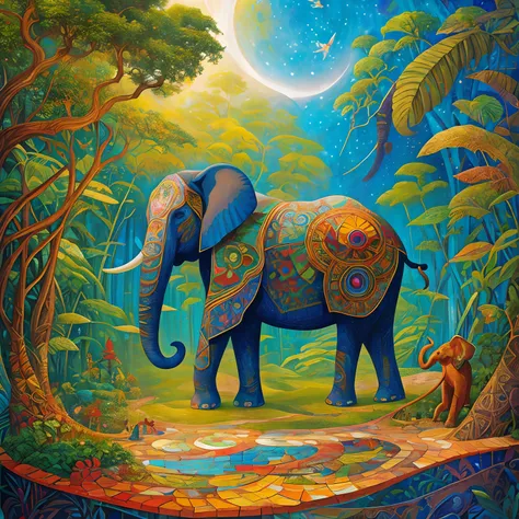 Up art encaustic mosaic jungle with an amazing beautiful elephant symmetrically in the center, old mosaic, dark light, bright light focused on the center, geometric art, Andy Kehoe, Barclay Shaw, Winsor McCay, Escher, sublime art, precisionism art, Boris V...