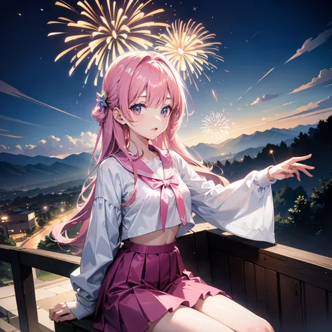 Night sky with fireworks, , Rolling hills in the background, Fireworks，teens girl