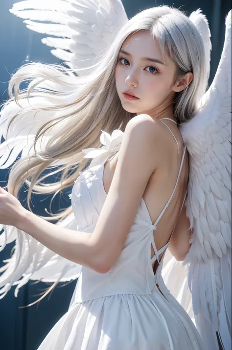 1girl in,Angel,cloud,shiny white skin、angel costume、white large feathers on the back,,