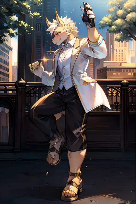 Golden robot dragon，Wear a white vest，Black  shorts，sandals，Dance in the park