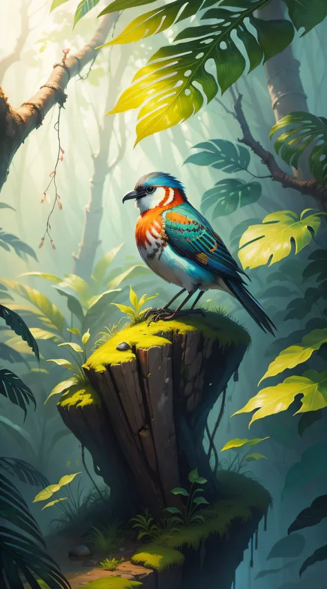 Brightly colored bird sitting on a rock in the forest, Aves f CGSetalation, pintura digital vibrante, baixo detalhamento. pintura digital, pintura digital detalhada, inspirado em Victor Noble Rainbird, rare bird in the jungle, Procreate Illustration, pintu...