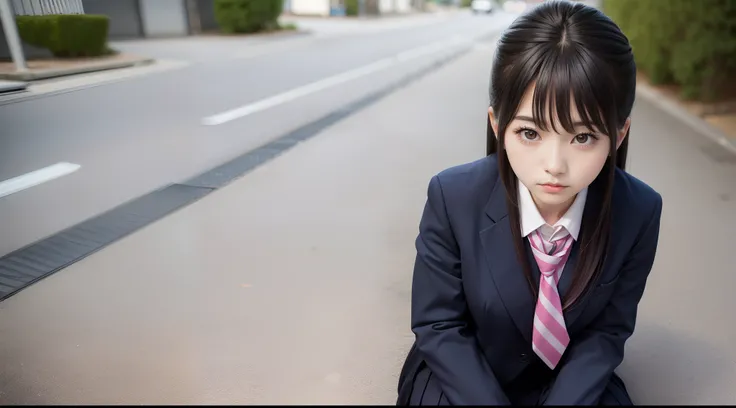 There is a woman sitting on the ground in a suit and tie, the anime girl is crouching, portrait of a japanese teen, a hyperrealistic schoolgirl, real life anime girl, Japan school uniform, Sitting on the ground, Seifuku, a hyperrealistic schoolgirl, japane...