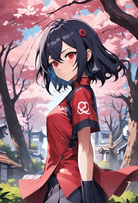 Um retrato intenso de sarada uchiha , atraente e confiante em sua postura. Ela veste um traje inspirado no estilo de "Persona 5", misturando elementos modernos e tradicionais. His gaze is direct and mesmerizing, able to hold the attention of those who see ...