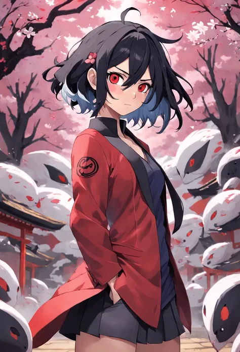 Um retrato intenso de sarada uchiha , atraente e confiante em sua postura. Ela veste um traje inspirado no estilo de "Persona 5", misturando elementos modernos e tradicionais. His gaze is direct and mesmerizing, able to hold the attention of those who see ...