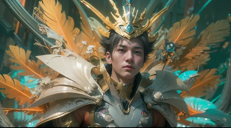 1boy, photo of very very handsome suave smiling young 25-year-old male Chinese prince, clothed in futuristic cybernetic armor, wearing a large futuristic crown, walking in an ethereal enchanted forest with neon glowing flowers and a rainbow in the sky, sci...