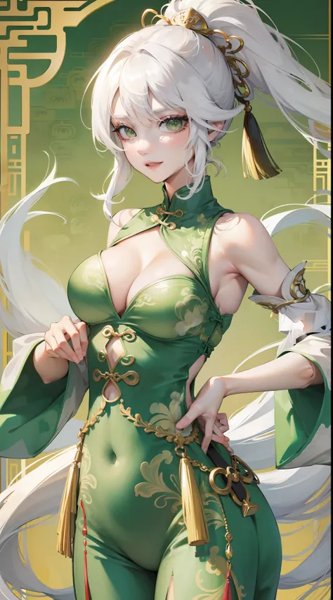 Adult woman, Long white hair, Green eyes, Green Chinese tight top, Chinese beautiful patterns, neckline on the chest, open breasts, baggy pants, Gold Elements, ssmile, Masterpiece, hiquality