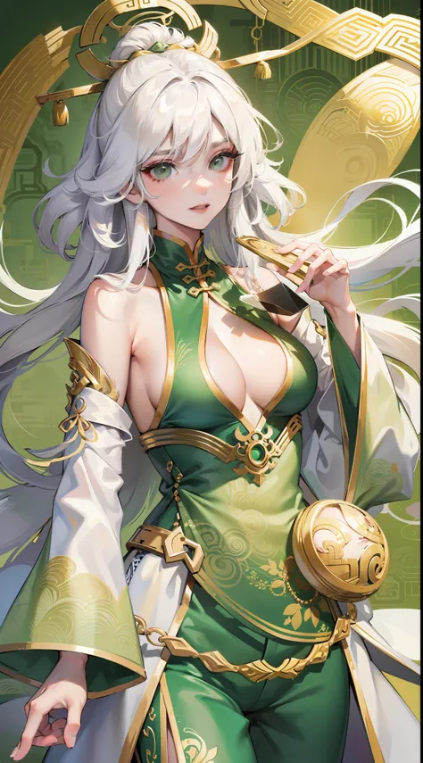 Adult woman, Long white hair, Green eyes, Green Chinese tight top, Chinese beautiful patterns, neckline on the chest, open breasts, baggy pants, Gold Elements, ssmile, Masterpiece, hiquality