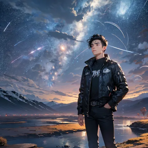 ((Best Quality, 8K, Masterpiece: 1.3)), landscape, morning shoot, star trail, slow speed, standing young man with black hair, black jeans, look at the stars, amazing scenery, hundreds of stars forming a circle.