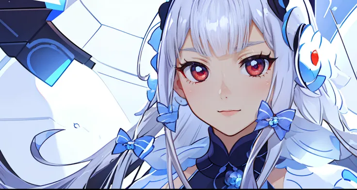 ((Best quality)), ((Masterpiece)), ((Ultra-detailed)), (illustration), (Detailed light), (An extremely delicate and beautiful), Dramatic perspective,A charming young girl,Long white hair,Red pupils,A serious look