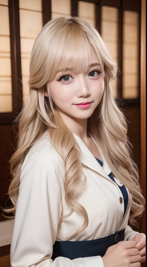 4K、Raw photo、Photoreal Stick、hight resolution、Cute 18 year old woman in Japan , Face like an idol、Light blonde medium wavy hair、With bangs、 Cute Real Photo Girl、、Night shift care staff、A nursing home