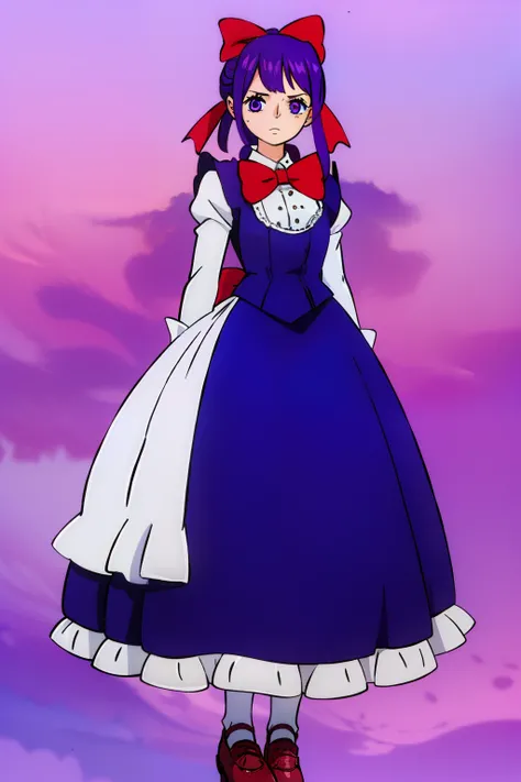 I need a character of a young girl with a Victorian English maid outfit, in darker blue tones, white skin, eyes with vivid purple irises, hair in purple blue tones, with a huge red ribbon bow. Height of 1.60. wears white full arm glove with delicate detail...