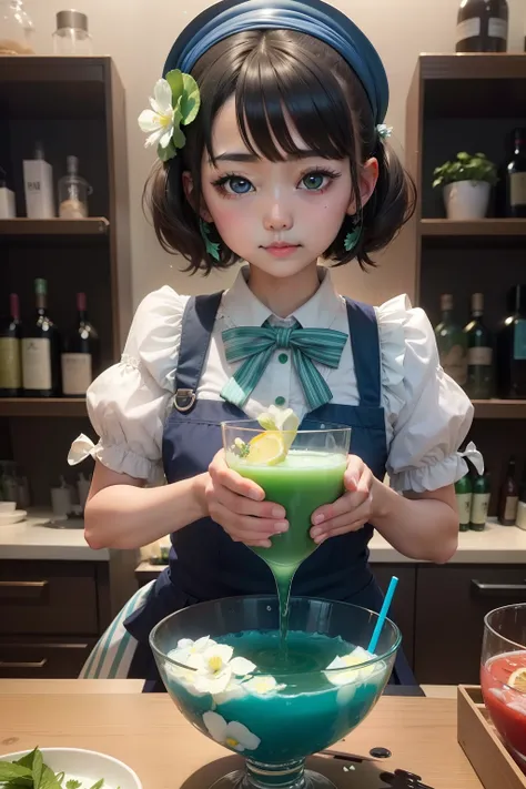 A kawaii girl is pouring cocktails, Blue and green petals poured down around her，Create a dazzling display.