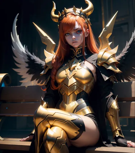 A demonic angel sits on a bench and wears white and gold cyber armor with golden neon lights. Its head is crowned with golden horns. Er hat rot-schwarze Augen, golden-red hair and big wings.