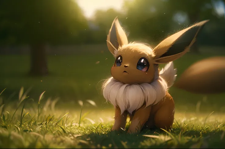 ((a eevee pokemon)), (general attribute), cute, play in the field,anime style, chiaroscuro, depth of field, cinematic lighting, god rays, ray tracing, reflection light, glowing light, from side, close-up, highres, masterpiece, best quality, highres, super ...