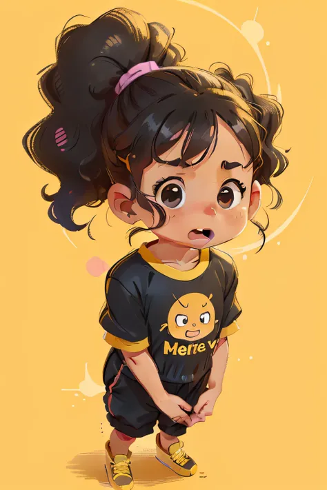 Cheerful, smart little girl, age 7, curly hair, ponytail, vibrant, curious eyes, black jumpsuit, yellow t-shirt, yellow sneakers, feeling sad, and angry