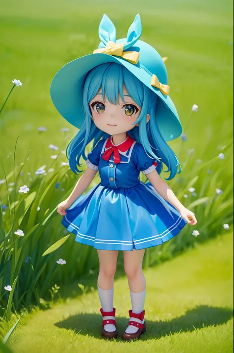 tchibi，Green meadow，bit girl，Blue clothes，Red Hat，Kaihuai