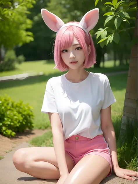 Large T-shirt、Pink shorts、Knee-length T-shirt、Pink Shortcut Bob、Realistic rabbit ears、rabbit ears pink hair sticking out of the head,,,,,,,,,、Beautiful shaped hands、K-POP、Pink rabbit ears、1 girl in、独奏、​masterpiece、top-quality、realisitic、Hyper-detailing、(Gl...