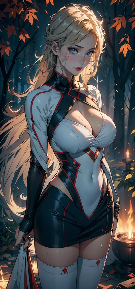 1female，35yo，熟妇，gigantic cleavage breasts，Big breasts Thin waist，slenderlegs，Pornographic exposure， 独奏，（Background with：ln the forest，the rainforest，in summer） She has long blonde hair，standing on your feet，Sweat profusely，drenched all over the body，seen f...