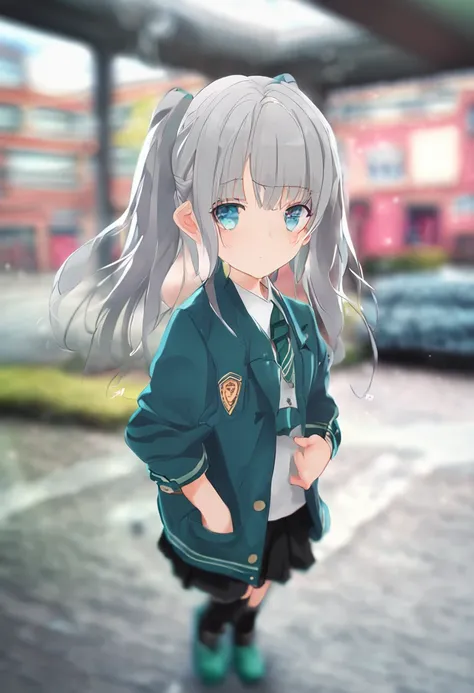 (8K,RAW PHOTO,BEST QUARITY,masterpiece:1.3),(realistic,photo realistic:1.2),(sweet face of 12-years-old girl 1.2),1girl,solo,(school uniform),blue eyes,green jaclet,school uniform,blurry,jacket,ahoge,white hair,bangs,lips,(hair between eyes:1.2),blurry bac...