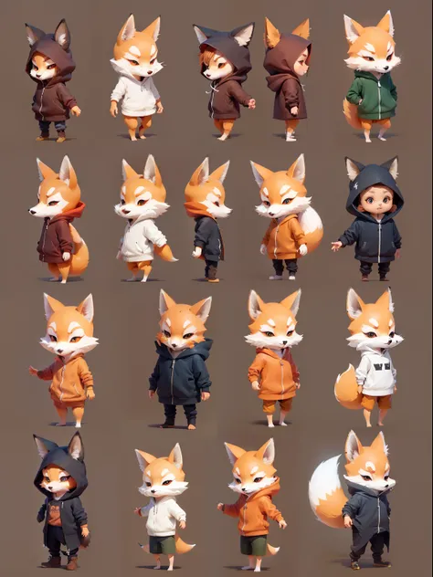 little fox character, hoodie, multiple poses and expressions, non human, character cheat