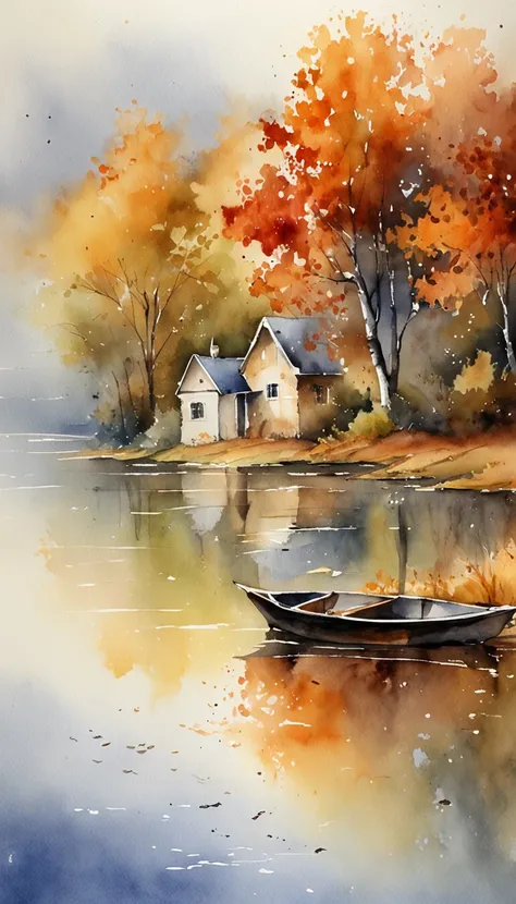 tmasterpiece, top-quality, high detal, Impresionismo, Autumn morning, Cruise along the lake in the morning mist, Foggy, ciinematic light,