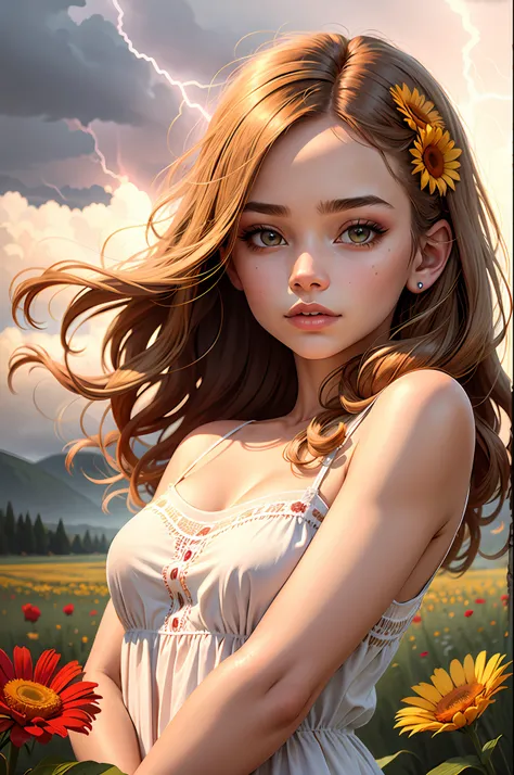 stunning woman portrait, summer dress, warm tones, wildflowers, warm lightning