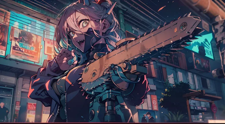 Noite, Fundo colorido da cidade cyberpunk, menina de rua,power,chainsaw man, olhos brilhantes, retroiluminado, brilhar, Surveying the audience, Low angle lens, olhando para cima lente, perfect composition, delicadeza perfeita de luz e sombra, 8k