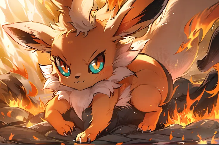 ((a Flareon pokemon)), (fire attribute) , small and cute, (gradient eye colors), (bright and clear eye) ,play around the fire ,anime style, depth of field, cinematic lighting, god rays, ray tracing, reflection light, glowing light, from side, close-up, mas...