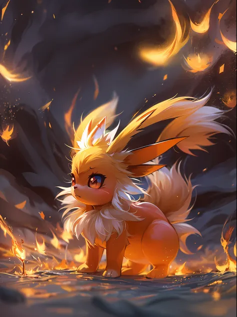 ((a Flareon pokemon)), (fire attribute) , small and cute, (gradient eye colors), (bright and clear eye) ,play around the fire ,anime style, depth of field, cinematic lighting, god rays, ray tracing, reflection light, glowing light, from side, close-up, mas...