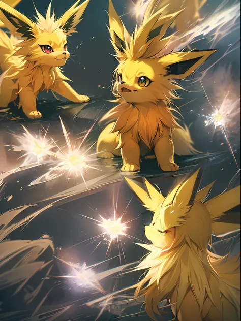 ((a Jolteon pokemon)), (lighting attribute) , small and cute, (gradient eye colors), (bright and clear eye) ,purple and golden lighting around ,anime style, depth of field, cinematic lighting, god rays, ray tracing, reflection light, glowing light, from si...