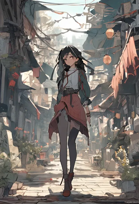 the girl with black hair，Thin stature，Lace-up twisted braid，Long hair，Small face，emaciated，Bare legged，，adolable，Playful，Best quality at best，tmasterpiece，epic exquisite  character art, Amazing characters，Modern trend theme，character  design（reference shee...